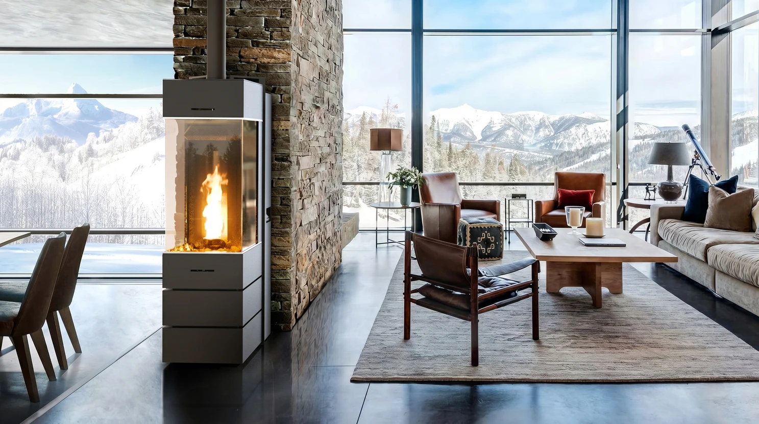 Intérieur résidentiel avec poêle à granulés moderne en fonctionnement, flammes visibles dans le foyer