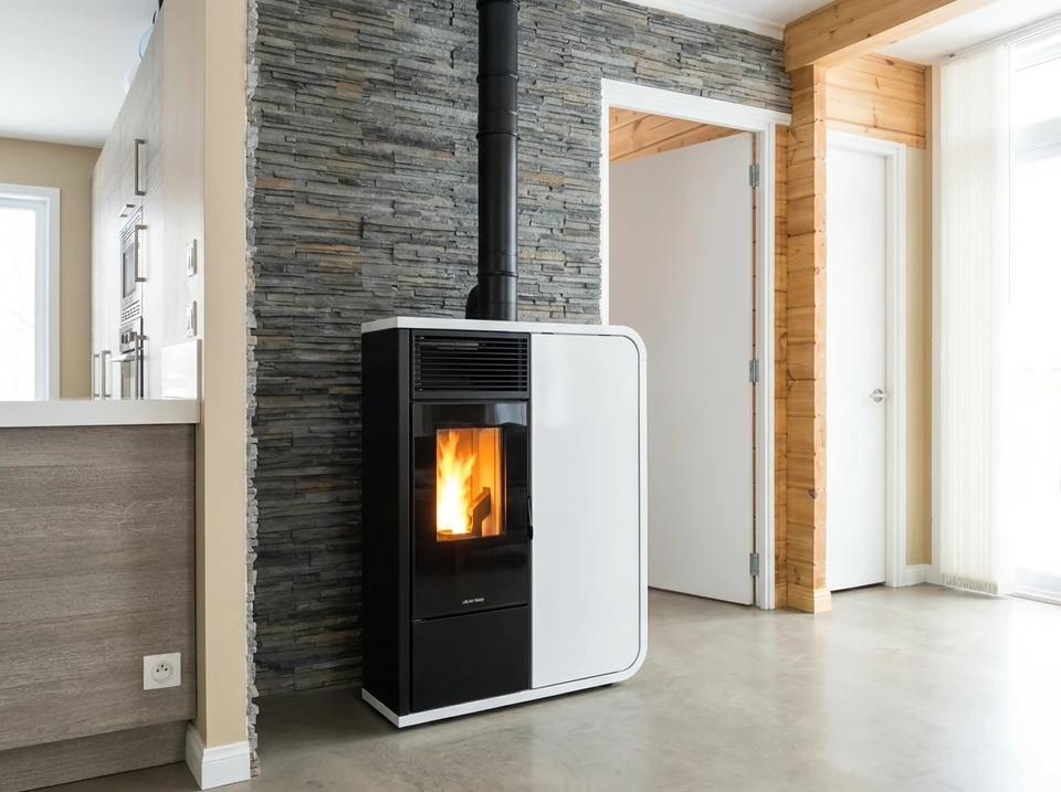 Salon moderne avec insert à bois encastré dans un habillage en pierre naturelle schisteuse gris anthracite, couvrant toute la hauteur du mur